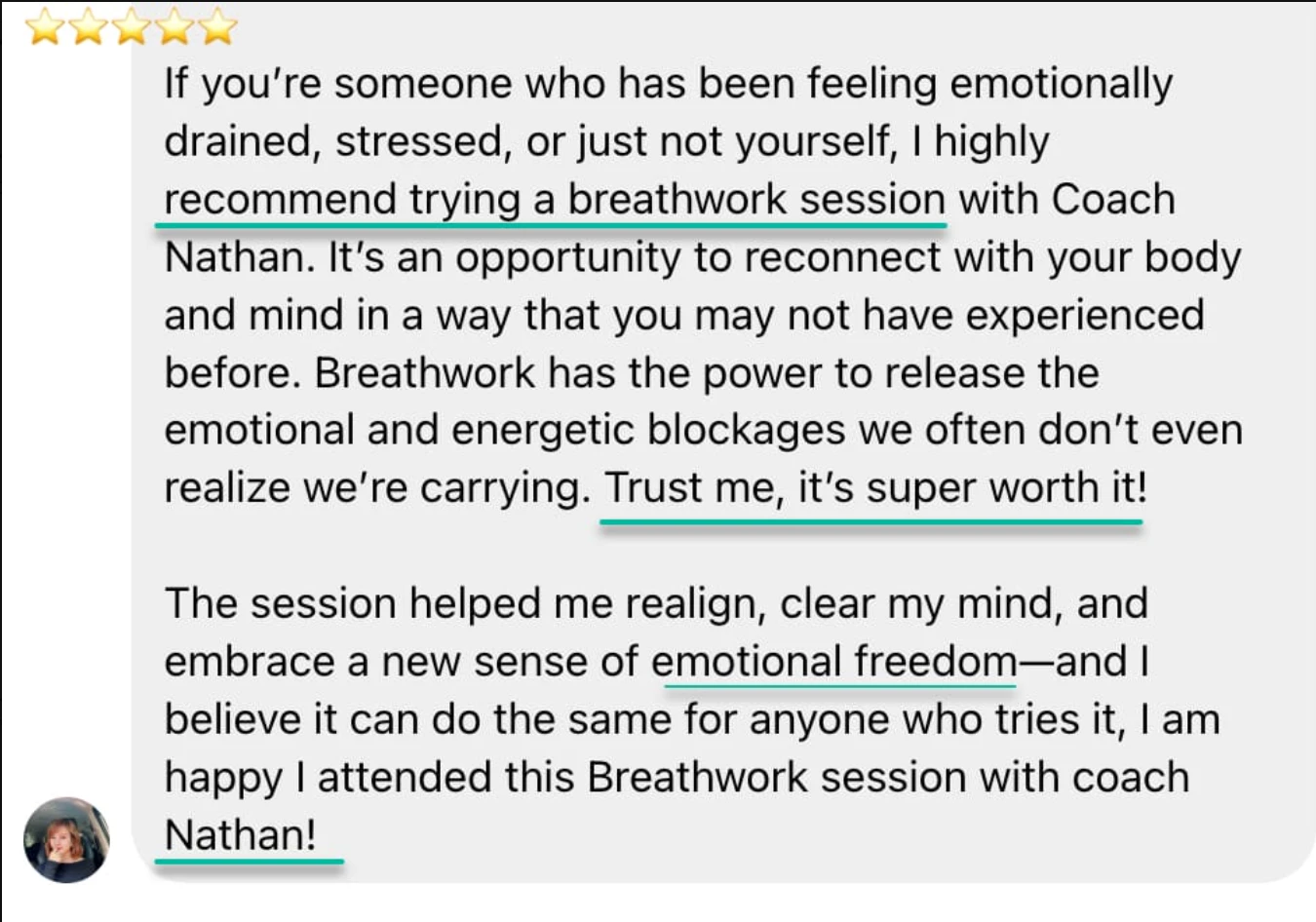 Five-star review: breathwork session with Coach Nathan helped me realign, clear my mind, and embrace a new sense of emotional freedom