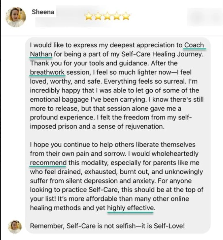 Five-star review from Sheena about feeling lighter, loved, worthy and safe after the breathwork session